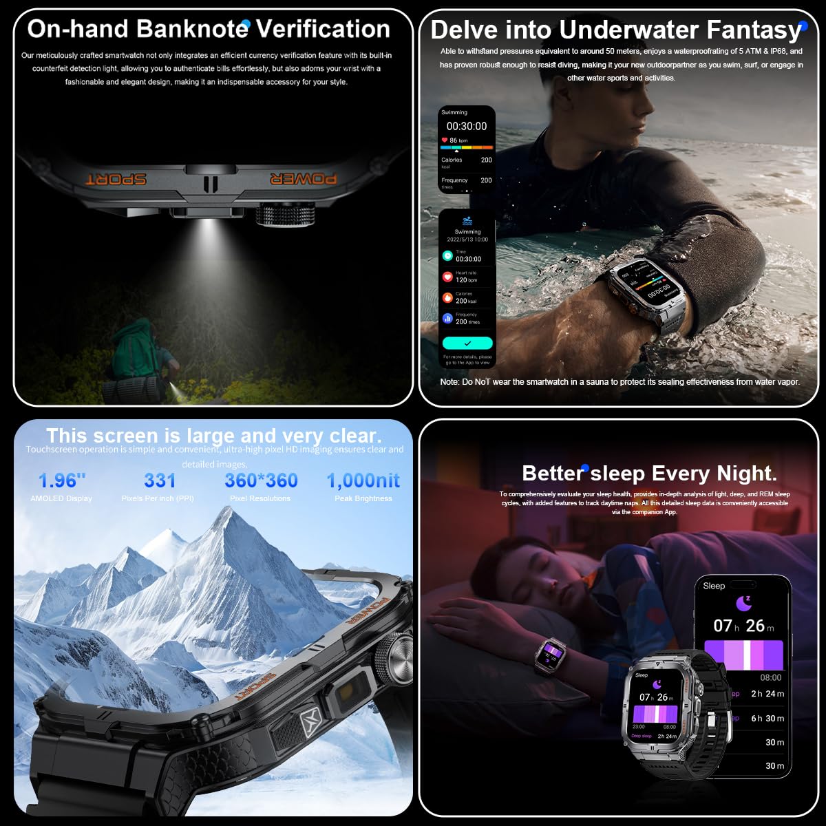 Opulenza Military Smartwatch for Men with LED Flashlight